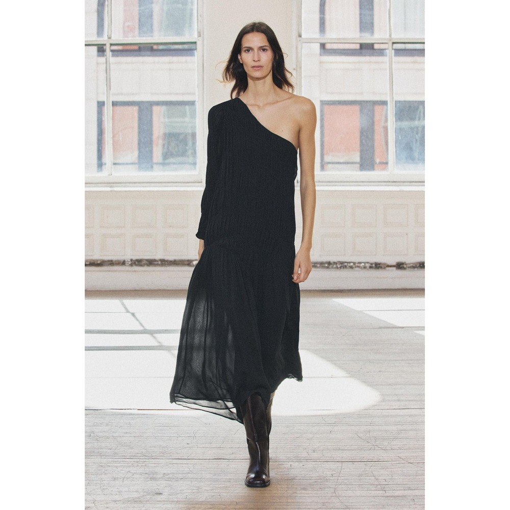 Zara Collection Black One Shoulder Smocked Crinkle Midi Dress Asymmetrical Sz S